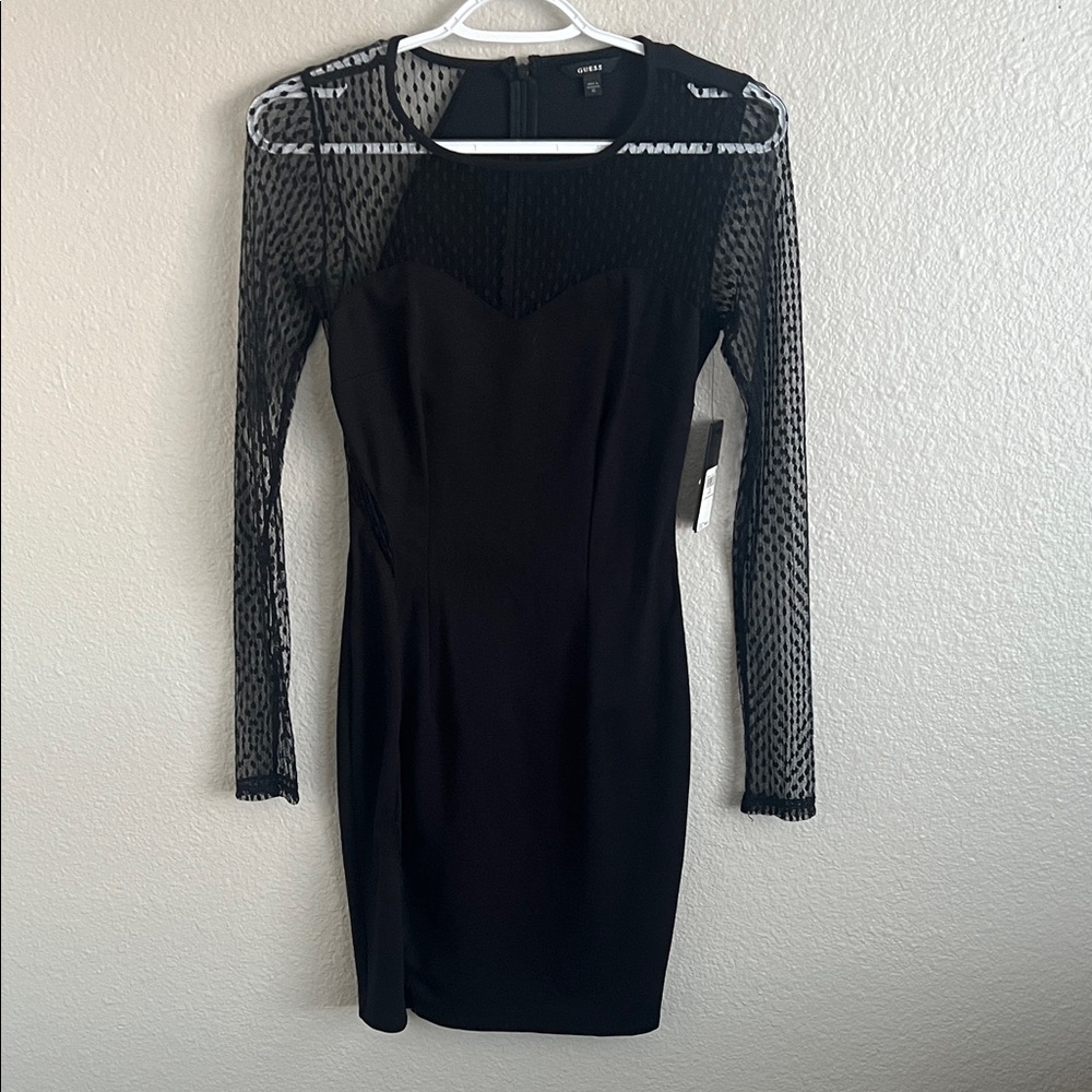 NWT Guess Black Dress with Mesh Long Sleeves XS Originally $98